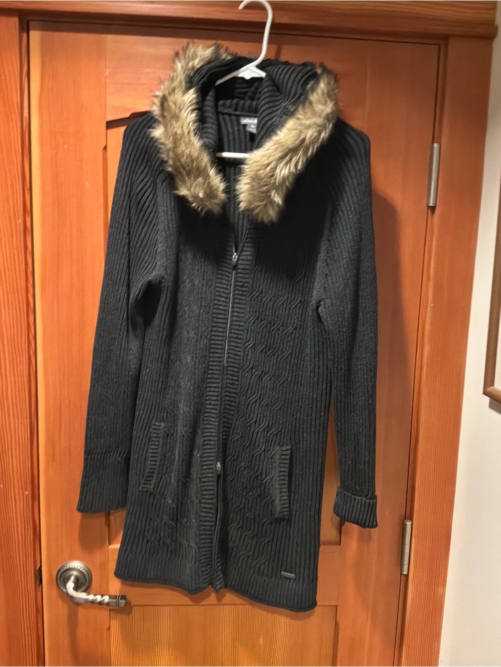 Eddie Bauer Black Hooded Zip Knit Cardigan with Faux Fur Trim